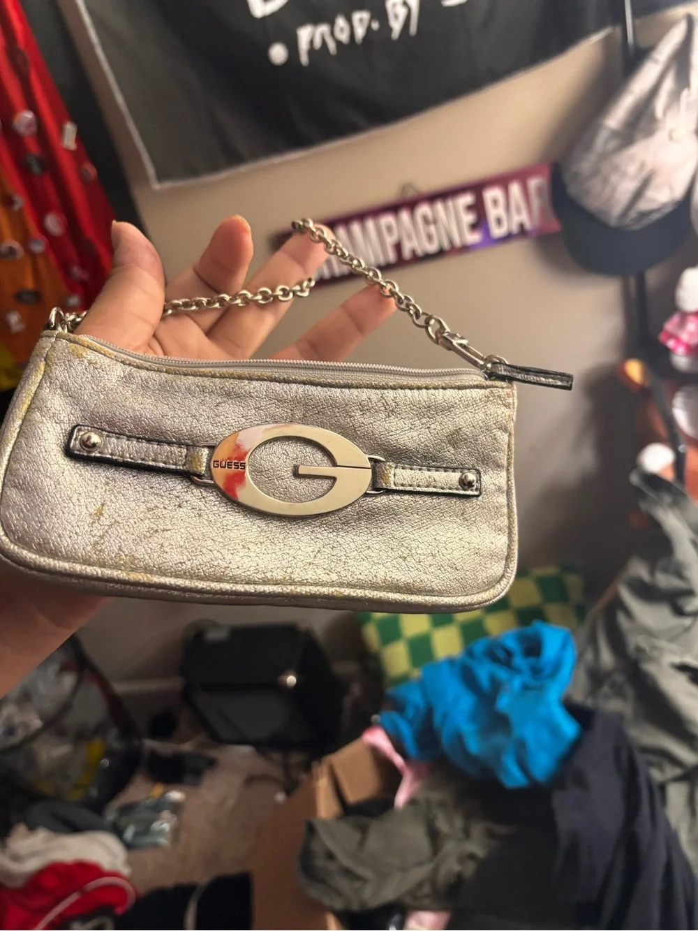 GUESS Metallic Silver Mini Wristlet Clutch